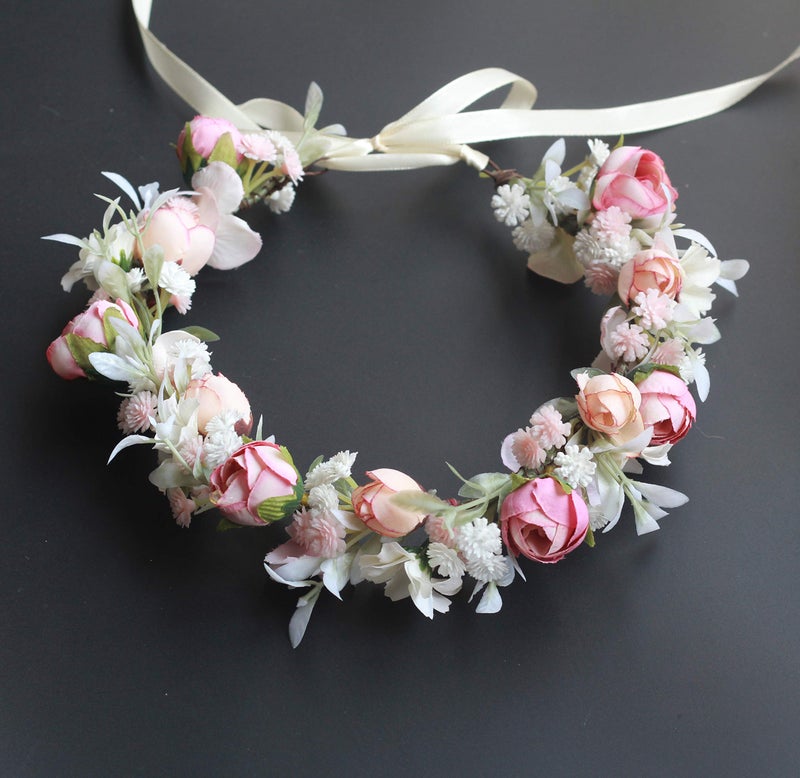 Vivivalue Boho Flower Crown Rose Flower Headband Hair Wreath Floral Headpiece Halo with Ribbon Wedding Party Photos Festival - Image 3